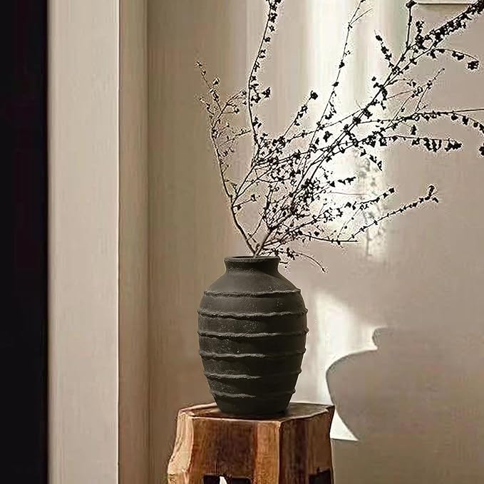 Kokrose Black Terracotta Vase, Black Vases Home Decor for Centerpieces, Large Vintage Rustic Flower Vase for Home Decor, Pottery Ceramic Vases, Table Top Fireplace Mantel Decor