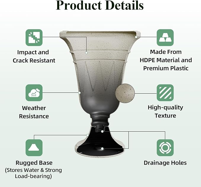 Tall Plastic Urn Planters for Outdoor Plants Set of 2-23.6" H Classic Trophy Design Indoor Large Flower Pots with Drainage Holes, Outdoor Planters for Porch Decor/Garden Vase, Off-White