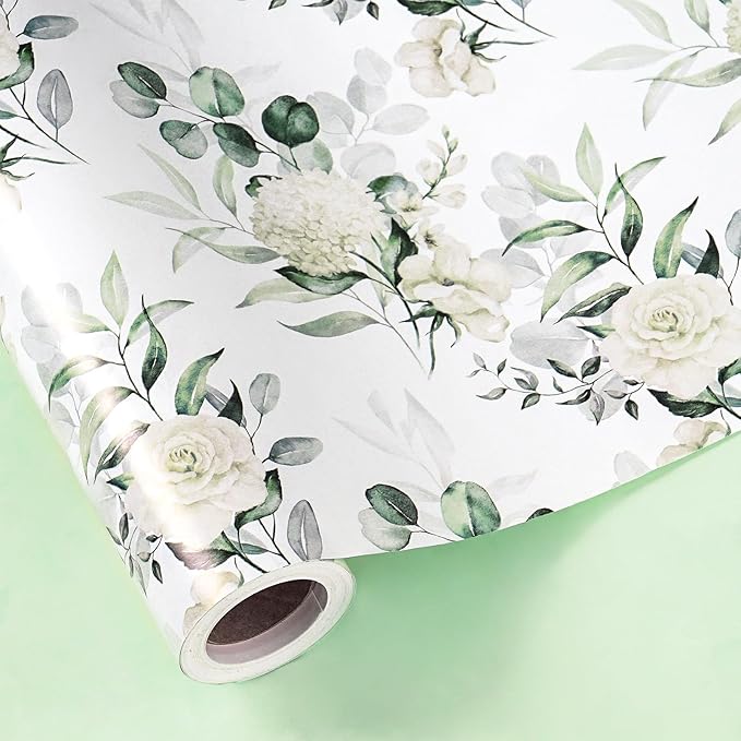 RUSPEPA Reversible Floral Wrapping Paper for Women Girls, Mini Roll, Elegant Flower Greenery and Sage Green Gift Wrap Paper for Wedding, Birthday, Bridal Shower, Mother's Day, 17 Inches x 16.4 Feet