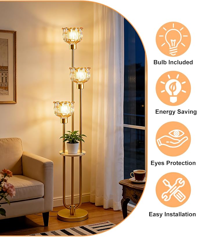 Lightdot Glass Floor Lamp for Living Room 3-Lights Modern Gold Floor Lamp with Amber Glass Shade 3000K Bulbs Included Unique Tall Standing Lamp with 5Lb Heavy Base for Bedroom/Sofa Beside/Corner Decor