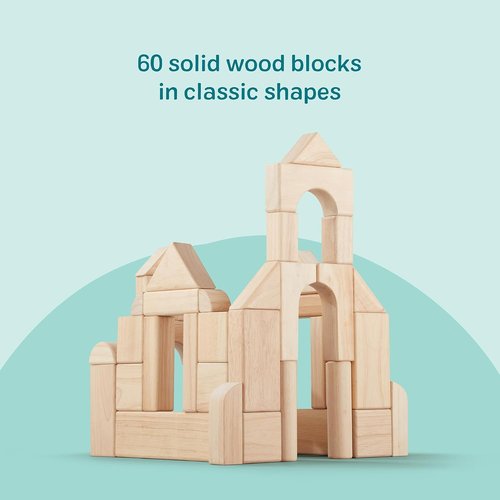 Melissa & Doug Building Blocks Set - 60-Piece Solid-Wood Stacking Toys with Storage Tray | Preschool Learning Fun for Ages 3+