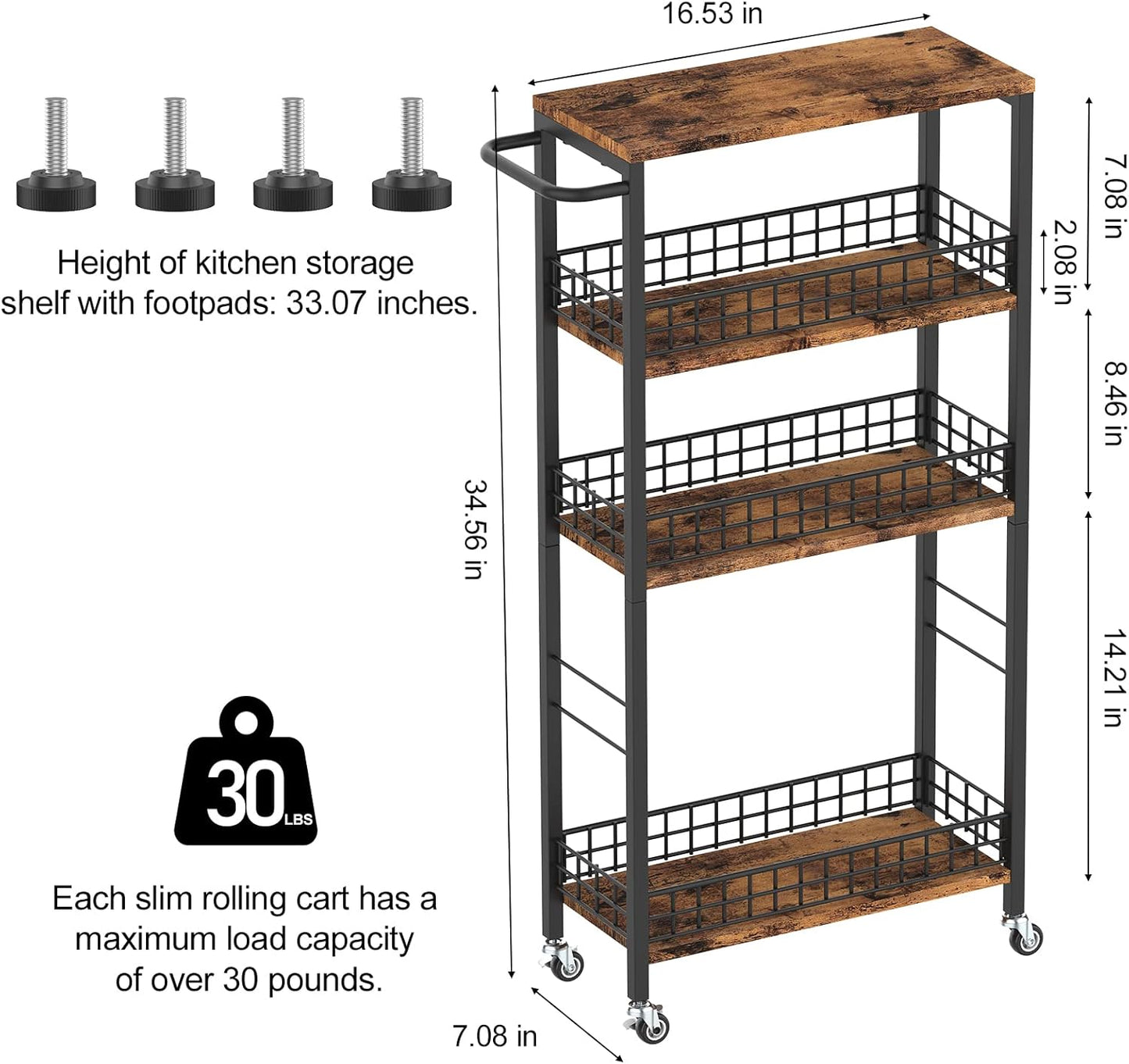 Skiennix Slim Rolling Kitchen Cart - 4-Tier Mobile Shelving Unit with Wood Top for Small Spaces | Brown