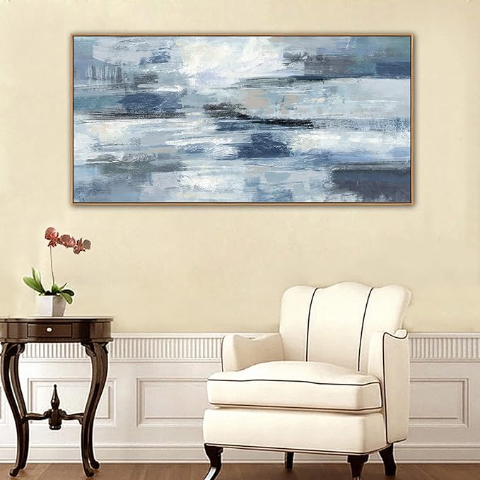 Indigo Framed Wall Art Abstract Ocean Canvas Pictures Blue White Grey Painting Vintage Wall Decor Modern Artwork Prints for Living Room Bedroom Bathroom Office Home Decoration Ready to Hang 29"x58"