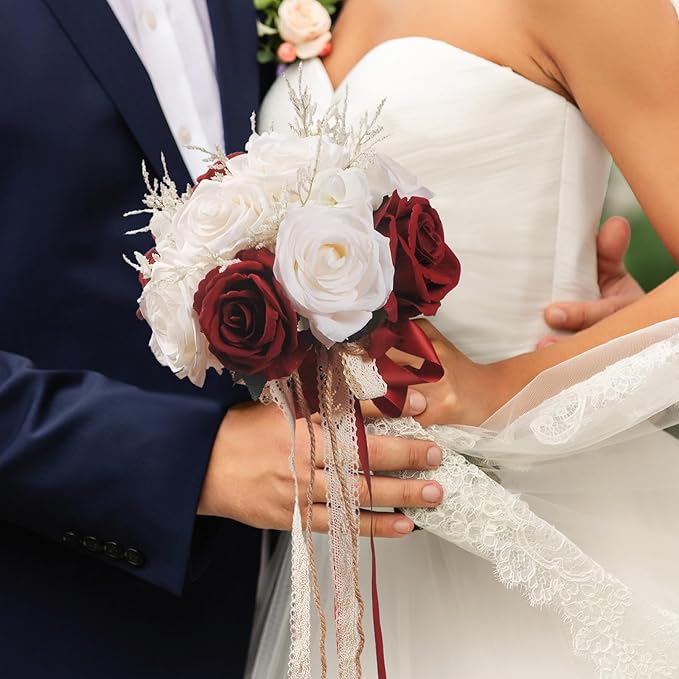 Wedding Bouquets for Bride, Champagne White & Burgundy Bridal Bridesmaid Wedding Flowers, Artificial Toss Rose for Civil Ceremony (Jute Rope Handle)