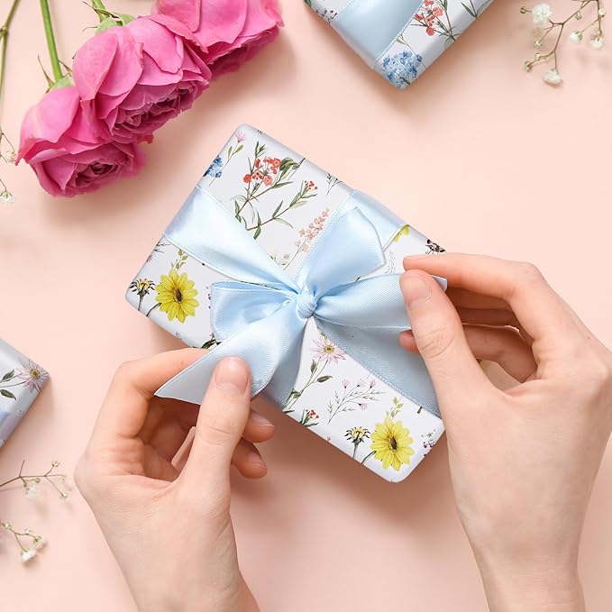 RayofSun Floral Wrapping Paper Roll 17 in x 32 ft Mini Roll Yellow Flower Wildflowers Plants Gift Wrap Paper for All Occasion Wedding Birthday Bridal Shower Party Baby Shower Christmas