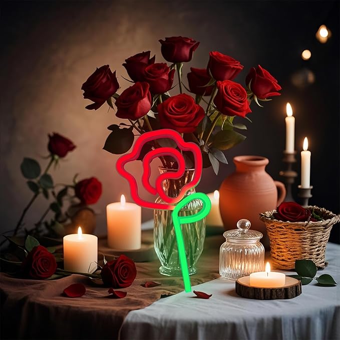 Rose Neon Sign - Red rose Flower with Green Stem Neon Art Wall Decor USB or 3-AA Battery Powered Operated for Girls Bedroom Birthday Gift Party Wedding Rose Lights for Bedroom (Red)