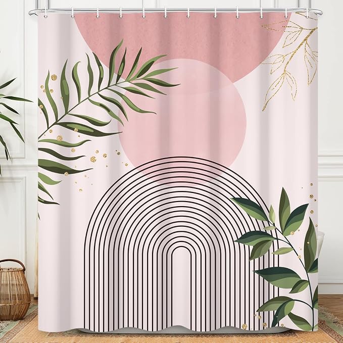 Boho Mid Century Shower Curtain, Pink Modern Minimalist Abstract Geometric Green Gold Plant Leaves Sun Arch Bathroom Curtains Waterproof Fabric Buthtub Curtain Set with Hooks 36" Wx72 L
