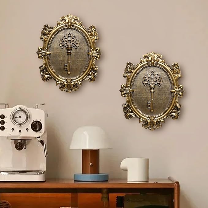 Vintage Key Wall Sculptures 2 Pack Antique Wall Decor Hallway Wall Art for Home Hand Painted Decoration with Embossed Key Design Vintage Decor for Living Room Bedroom Gallery Unique Gifts (Gold keys)