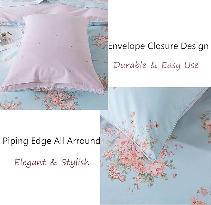 FADFAY Duvet Cover Set Queen Blue Rose Floral Bedding Rustic Peony Flower Comforter Cover Set Vintage Farmhouse Bedding 100% Cotton Ultra Soft Quilt Cover with Hidden Zipper Closure 3Pcs, Queen Size