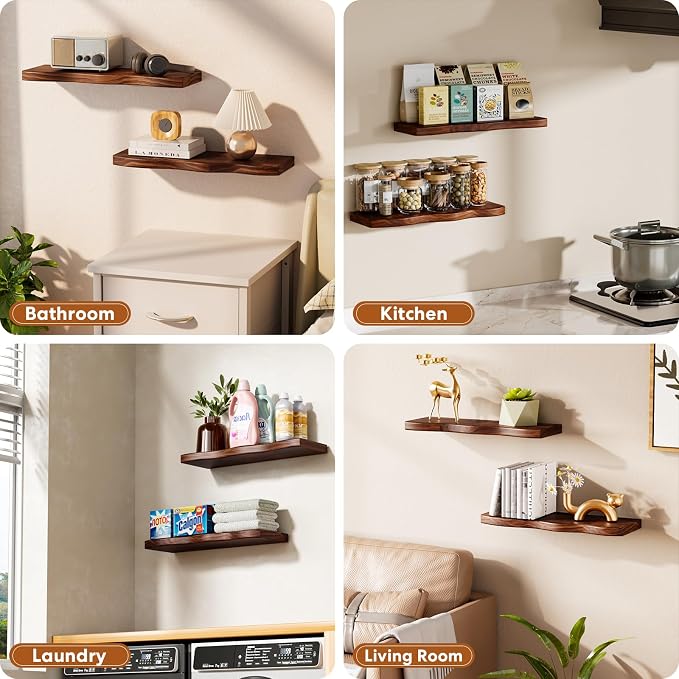Floating Shelves for Wall 24 Inch Wooden Floating Shelves Live Edge Shelf with Unique Natural Grain Wall Mounted Rustic Pine Wood Shelf for Living Room Bedroom Kitchen Bathroom (Walnut Brown)