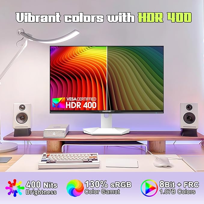 Amzfast 27 inch 1440P 200Hz/180Hz White Gaming Monitor, 2K QHD (2560 ×1440),MPRT 1ms Fast IPS | HDR400 & TÜV Rheinland Eye Care & 12 Months Exchange (HDMI & DP Cable)