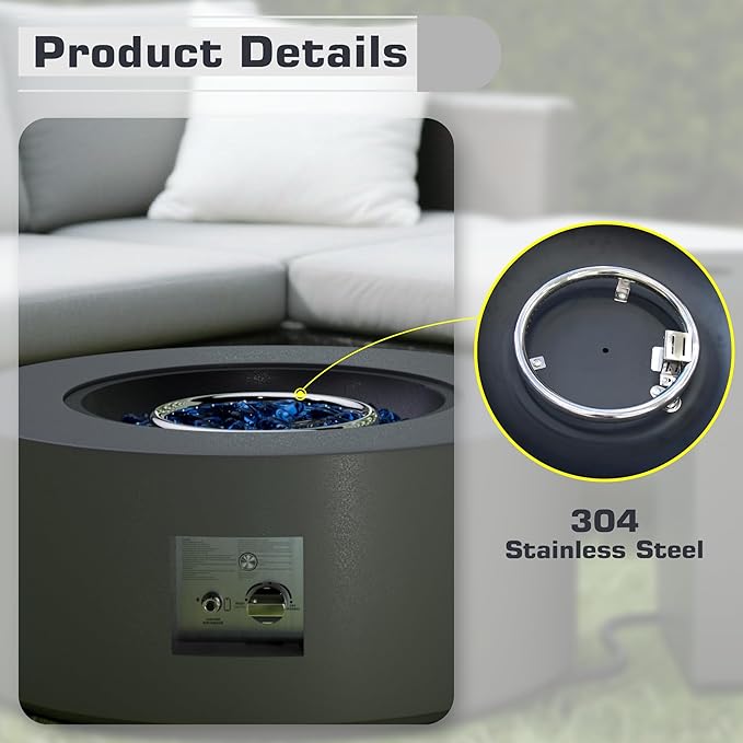 2-Piece 30" LED Round Propane Fire Pit for Outside Patio with Hidden Tank Table, 50,000 BTU Fireplaces with Lid, Glass Rocks, Cover(Dark Grey w/Golden Light)