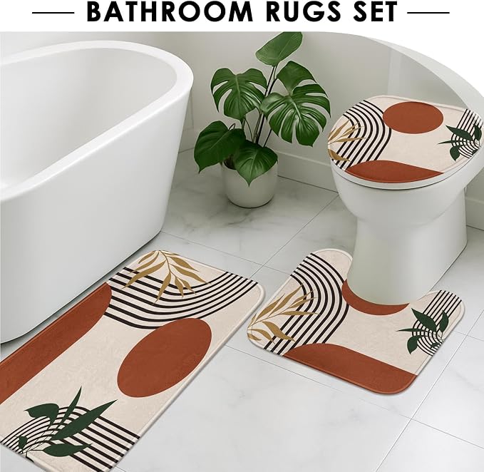 Boho Mid Century Shower Curtain Set with Toilet Lid Cover and Non-Slip Rugs, Abstract Geometric 4 Pcs Modern Minimalist Shower Curtain for Bathroom Set with 12 Hooks