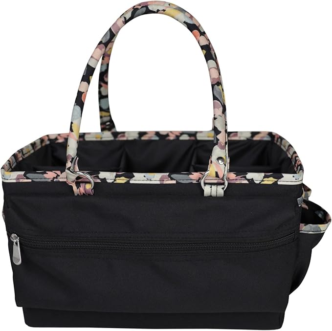 Everything Mary Deluxe Store & Tote Organizer – Black with Floral Trim Craft Caddy – Collapsible Storage Bag for Scrapbooking, Sewing, Art Supplies & DIY Craft Tools