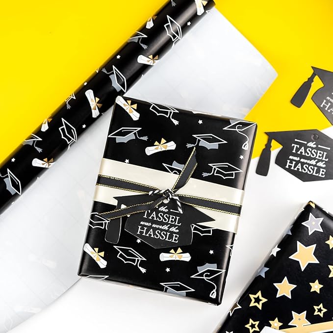 MAYPLUSS Graduation Gift Wrapping Paper Roll - 17in x 120in Per Roll - Black Gold Foil Star, Stripe & Graduation Cap Gift Wrap Paper Sheets for Party, High School, College, Annusarily Back to School