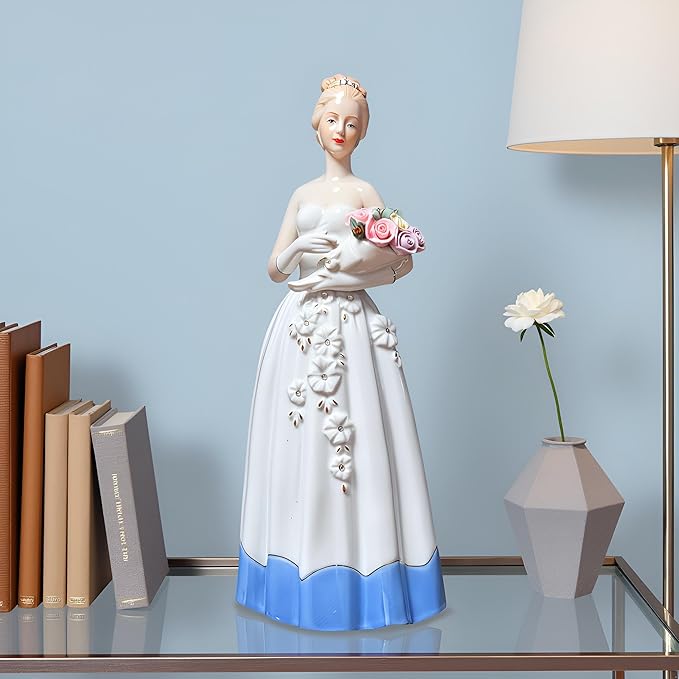 MTME Porcelain Figurine Lady Blessed with Flowers, Vintage Sculpture Home Décor