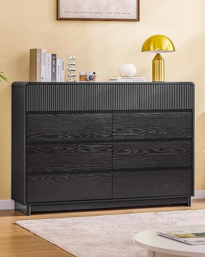 AOGLLATI Modern Wood 9 Drawer Dresser for Bedroom, 55" Long Fluted Double Dressers & Chests of Drawers with Curved Profile Design for Bedroom,Black