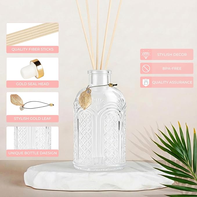 Glass Reed Diffusers Bottles for Home, Diffuser Bottles with 40PCS Reed Diffuser Sticks, Vintage Embossed Apothecary Style Flower Bud Vases with Cork Lids, Set of 6
