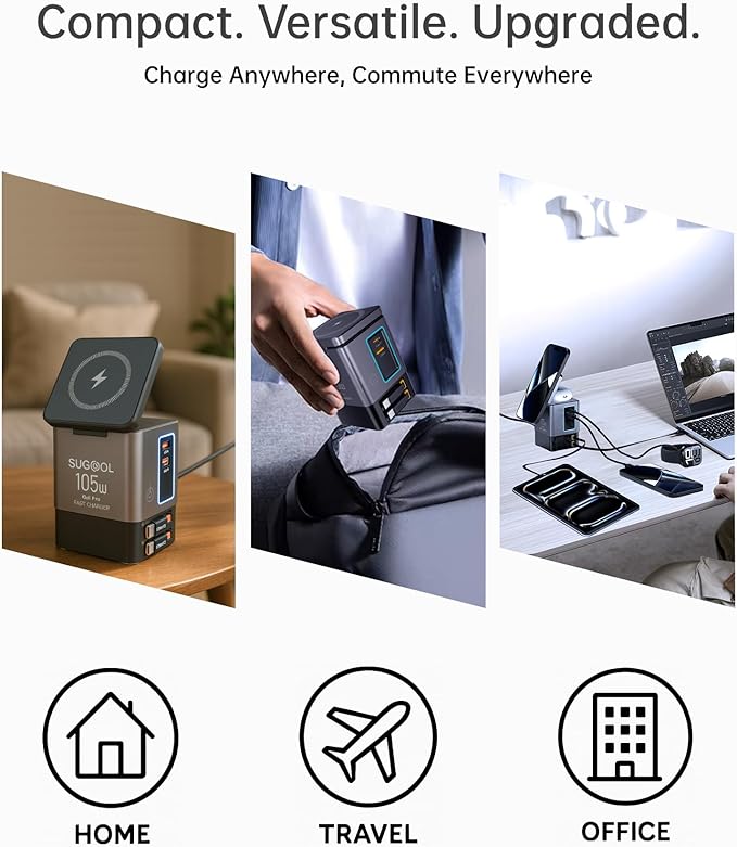 SUGOOL Retractable Charger with Wall Plug, 105W GaN 6-in-1 Charging Station with Magnetic Pad – MagSafe Compatible USB-C/Type-C Fast Charging Charger for iPhone, AirPods, MacBook