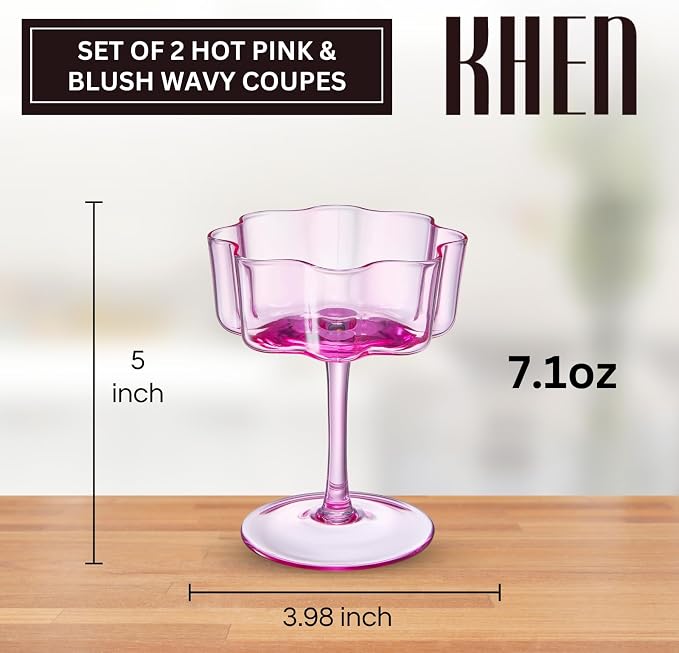 Flower Scalloped Vintage Wavy Petals Wave Glass Coupes 7oz Colorful Martini, Champagne & Cocktails, 2 Pink & Blush Set Amber Rippled Champagne Glasses, Elegant Bar Glassware, Aesthetic Coupe Glassware