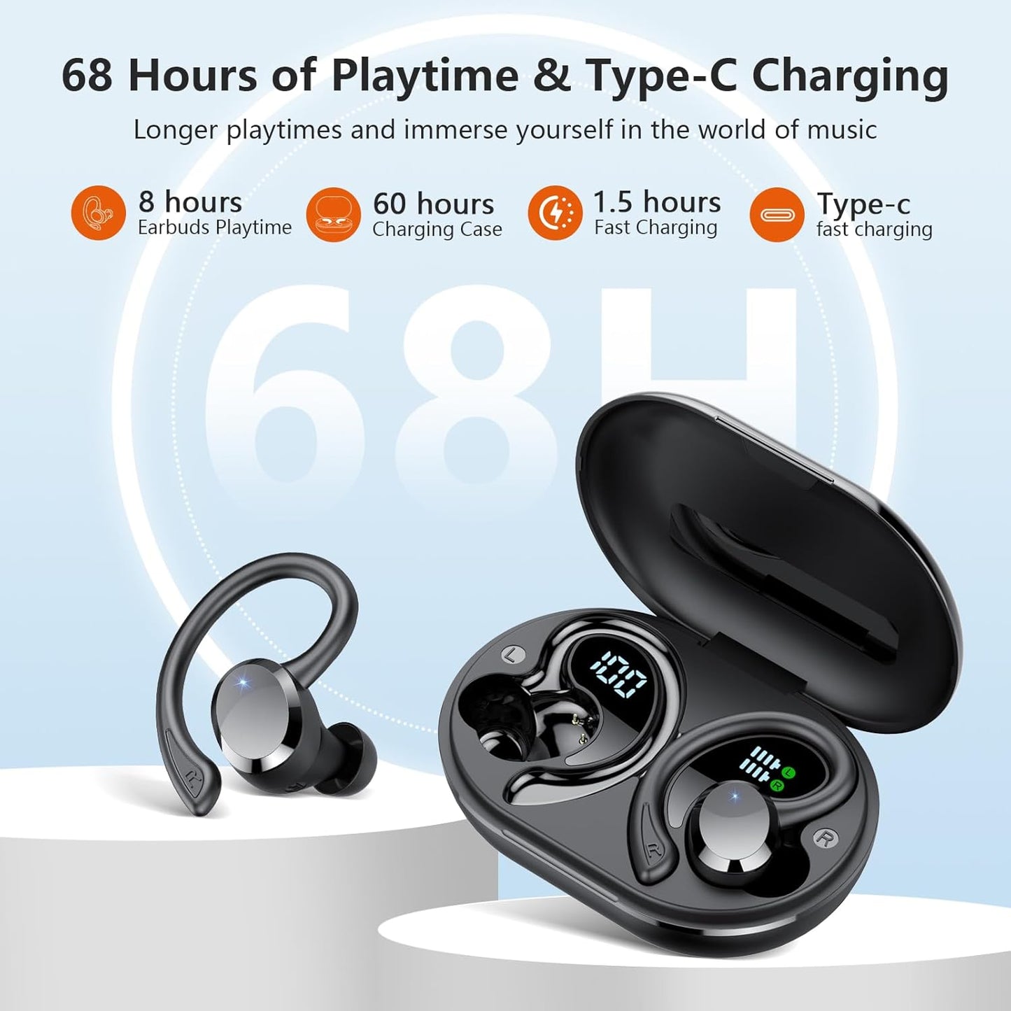 Sprtoybat Bluetooth 5.4 Sports Wireless Earbuds - 68Hrs Playtime, IPX7 Waterproof, Noise Cancelling Mic
