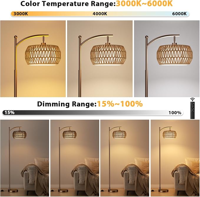 Ambimall Arc Floor Lamp for Living Room with Remote, Color Temperature & Brightness Adjustable, Bohemia Standing Lamp with Rattan & Fabric Double Drum Shades, Bulb Included(Brown)