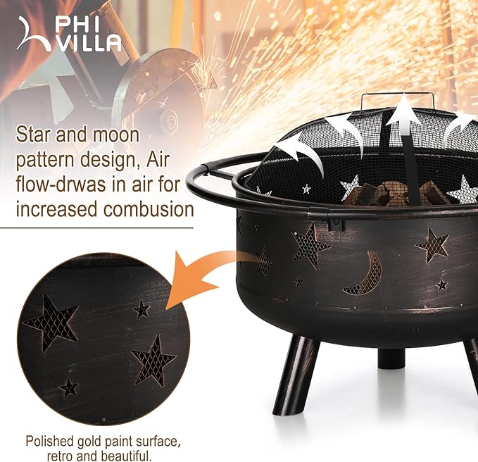 PHI VILLA 30" Outdoor Wood Burning Firepit with Cooking Grate, Patio Deep Bowl Steel Fire Pits for Outside with Adjustable Swivel BBQ Grill Pan, Star & Moon Cutouts Pattern, Poker & Spark Screen