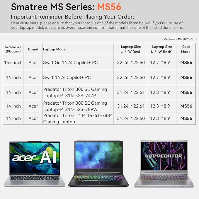 Smatree MS56 Hard EVA Protective Sleeve with Stand Compatible for 14 inch Acer Swift 14 AI Copilot+PC, for 14.5 inch Acer Swift Go 14 AI Copilot+PC, for 14inch Predator Triton 300 SE PT314/Triton 14