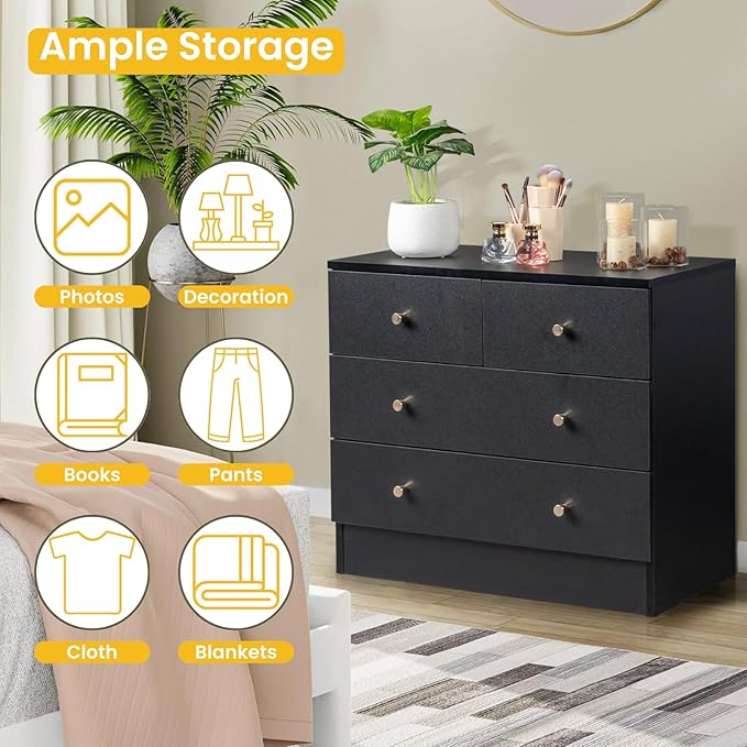 Karl home Black 4 Drawer Dresser for Bedroom, Modern Wood Dresser Chest of Drawers, Bedroom Dressers Nightstand, Anti-Tipping Device, Rose Gold Metal Handle, Living Room, Hallway, Office