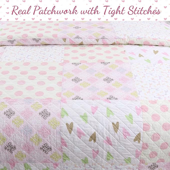 Cozy Line Home Fashions Pink Blue Green Heart Polka Dots Girl 100% Cotton Reversible Quilt Bedding Set, All-Season Coverlet, Bedspreads (Helaine Patchwork, Twin-2 Piece)