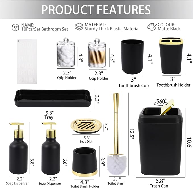 XLHOMO Black and Gold Bathroom Accessories Set - 10 Piece Bathroom Sets with Trash Can, Soap Dispenser, Soap Dish, Toothbrush Holder and Cup, Toilet Brush, Qtip Holder, Bathroom Accessory Set Complete