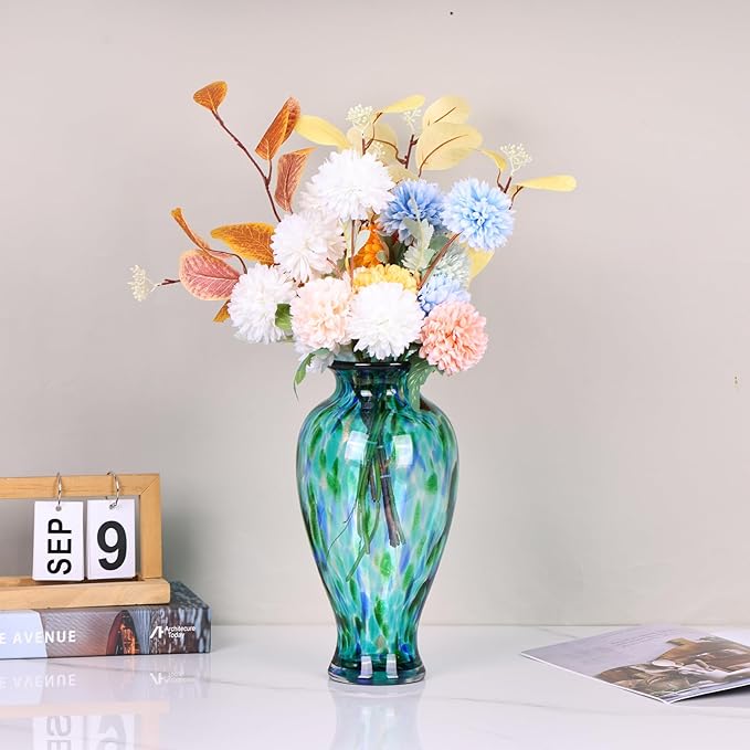 Hand Blown Glass Vase 11.8" Tall Beautiful Turquoise Sea Wide Mouth Bud Vase for Table Centerpiece, Painted Colorful Murano Glass Flower Vases for - Home Entrance Wedding Center