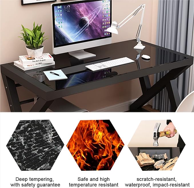 SAMERY Computer Desk & Gaming Desk, Home Office Desks 55.1 Inch- Modern Simple Writing Study Glass Computer Desk Home Office Desks Space-Saving Multipurpose Workstation with Metal Frame
