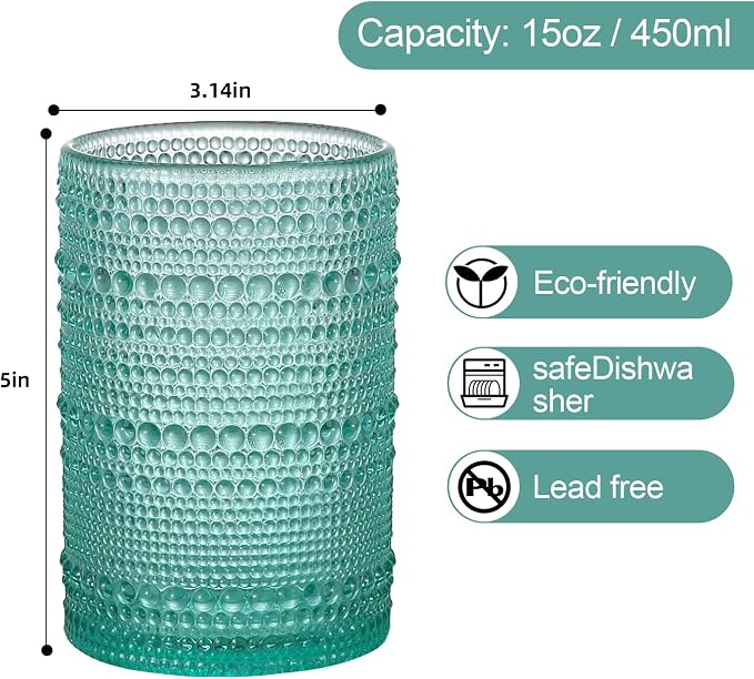 ZMOWIPDL Vintage Glassware Drinking Glasses Set of 6,15 oz Hobnail Glass Cups,Embossed Lake Blue Water Tumbler,for Beer,Cocktail,Whiskey,Juice and Various Mixed Drinks- 1 Cleaning Brush