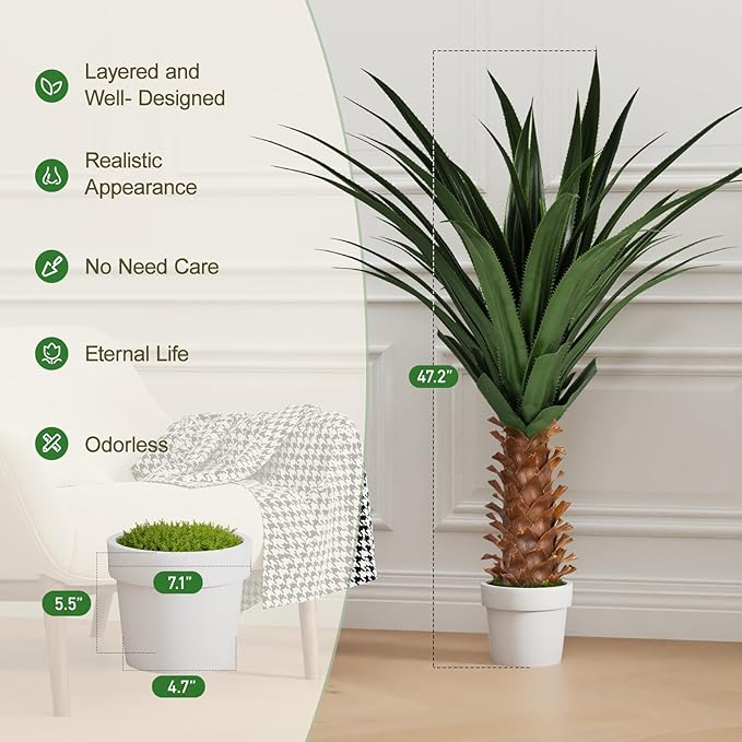 4ft Artificial Agave Plant, Realistic Faux Spiked Agave Tree with Lifelike Leaves and Moss in White Pot, Indoor Outdoor Floor Plant for Home Office Patio Porch Decor