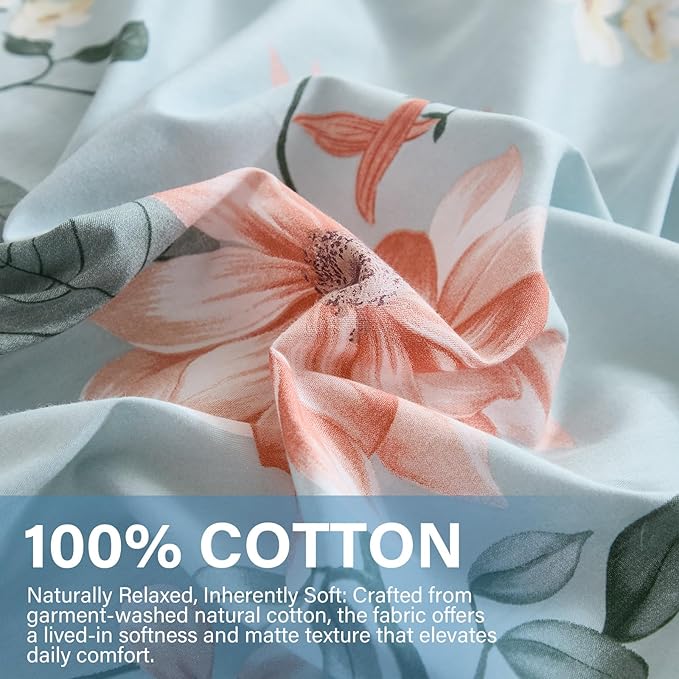Blue Floral Duvet Cover King Size 100% Soft Cotton 3 Pieces French Country Chic Garden Style Luxury Blossom Floral Vibrant Pattern Reversible Flower Duvet Cover with Zipper Closure