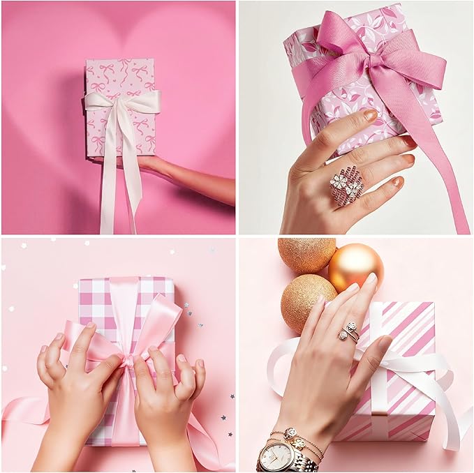 MotiGiftie Pink Wrapping Paper Sheet - 8 Sheets Folded Flat Gift Wrap with Cute Ribbon Bow, Pink Plaid, Stripes and Leaves Design for Girl Baby Shower, Birthday, Wedding - 20 X 28 Inch Per Sheet