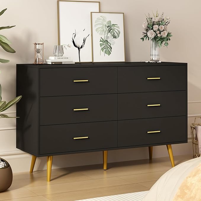 Dresser for Bedroom, 6 Drawer Black Wood Dresser with Golden Handles, Modern Wide Dressers & Chests of Storage Organizer Drawer for Entryway Hallway