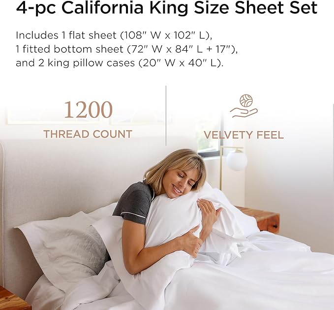 Threadmill Supima Cotton Sheets, 1200 Thread Count 100% Cotton Sheets for Cal King Size Bed, 4 Pc White Cal King Bed Sheets Set, 5-Star Hotel Quality with Elasticized Deep Pocket King