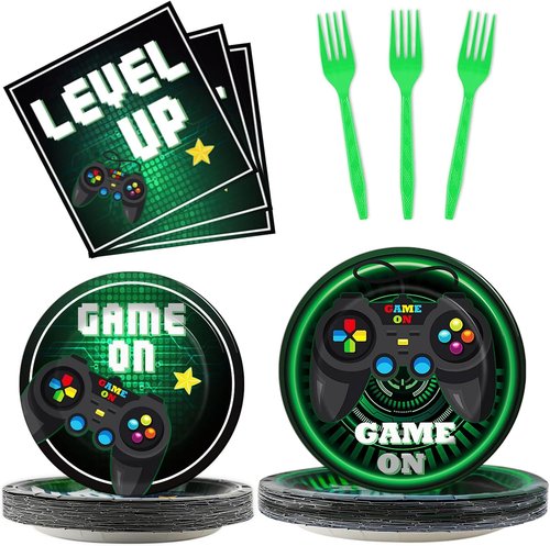 Skiennix 96 Pcs Gaming Party Tableware Set - Green Video Game Plates & Napkins for 24 Guests