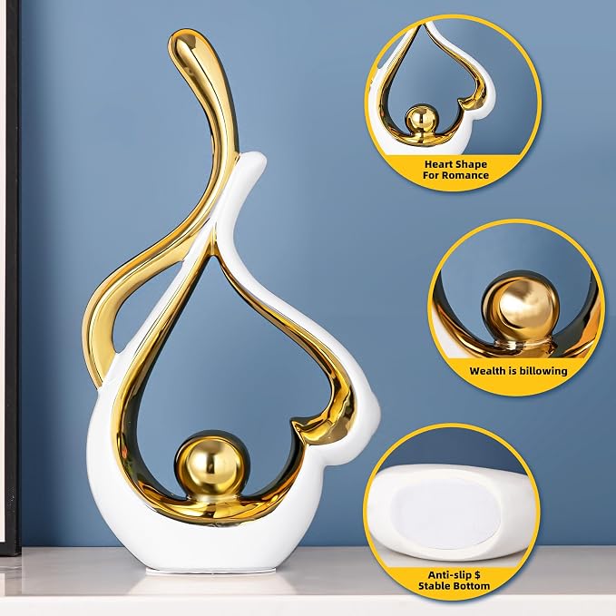 Gold Statue Decor for Living Room, Abstract Sculptures Home Decor, Modern Table Ceramic Decor, Heart Shape Table Centerpieces for Dining Room, White and Gold Decoration for Shelves