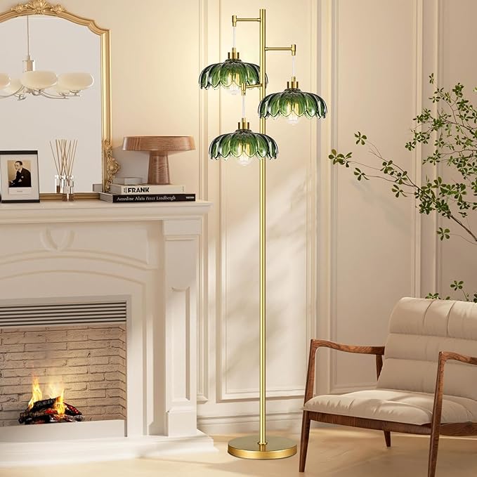 ILLMTW Glass Gold Floor Lamp for Living Room,Bedroom,Mid Century Modern Standing Lamp Brass Tree 3 Light Tall Floor Lamps Vintage Retro Floor Lights Green Flower Lamp Shade Farmhouse Boho Bohemian