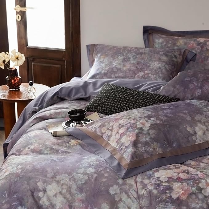 VM VOUGEMARKET Garden Flower Bedding Set King Smooth Long Staple Cotton Duvet Cover with Purple Floral Pattern Vintage Cottage Botanical Comforter Cover for Spring Summer