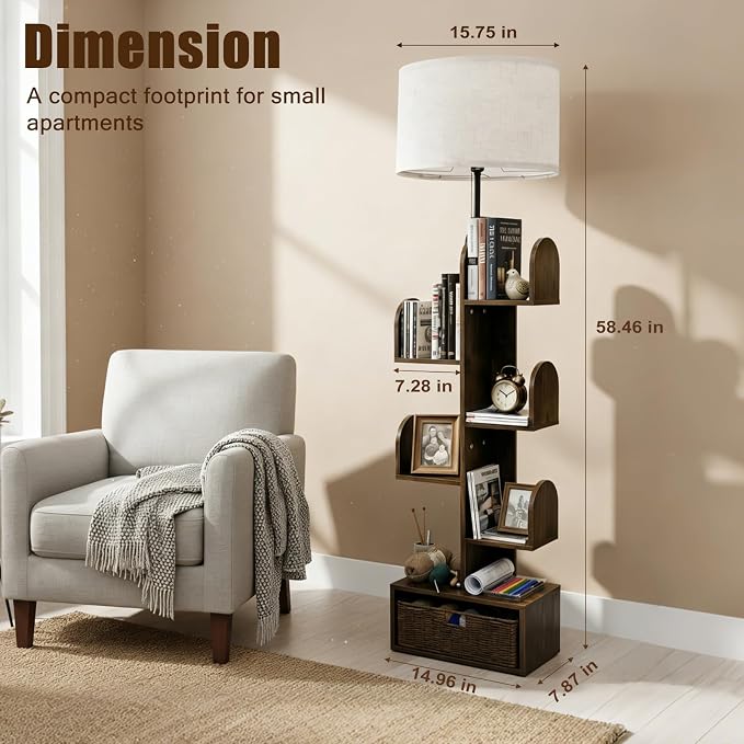 Cactus Tree Floor Lamp with 3-Color Dimmable Lighting, 5-Tier Wood Bookshelf, 58" Tall Space-Saving Organizer Shelf for CDs/Movies/Books, Ideal Small Space Solution for Living Room/Bedroom/Home Office