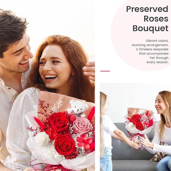 Polylove Forever Flower Bouquet Flowers for Delivery Prime Preserved Roses with Bear Gift Box for Wife Women Mother Day Anniversary Birthday (Red)
