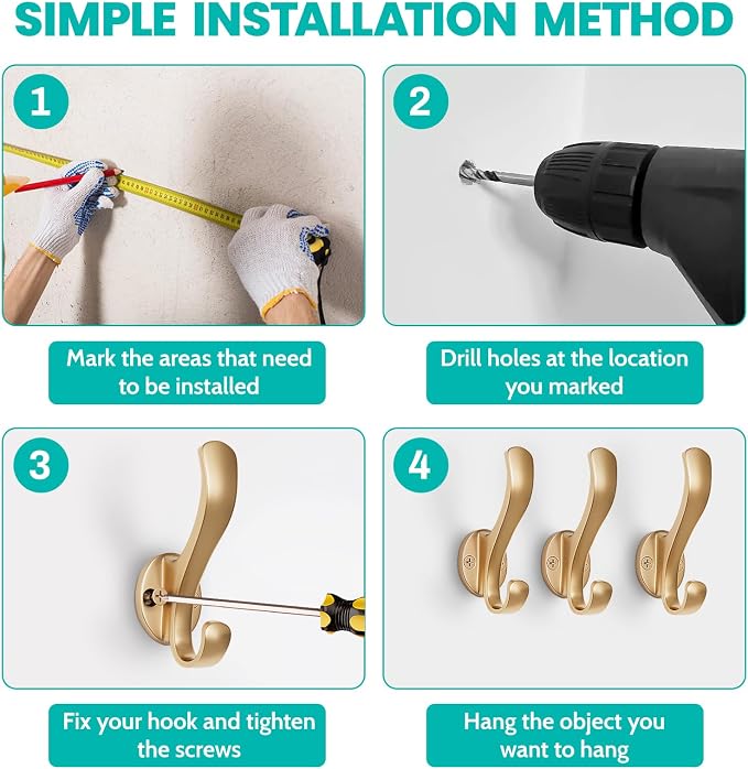 Coat Hooks Heavy Duty - Easy to Install Metal Towel Hooks Fashionable Wall Hooks for Hanging Hat, Towel, Key, Robe, Scarf, Bag, Cap (10 PCS Gold)