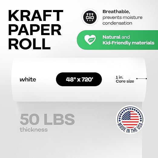 White Kraft Paper Roll 48" x 8640" (720 feet) for Packing, Moving, Shipping, Crafts - USA-Made Heavy Duty Craft Paper 50lb Thickness - 100% Recyclable Natural Kraft Wrapping Paper by IDL Packaging