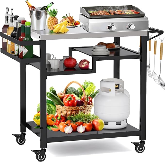 MEXMIODY Outdoor Grill Table, Multi-Function Pizza Oven Stand, Three-Shelf Food Prep and Work Cart Table, Heavy Duty Grill Cart for Party, Bar, Camping