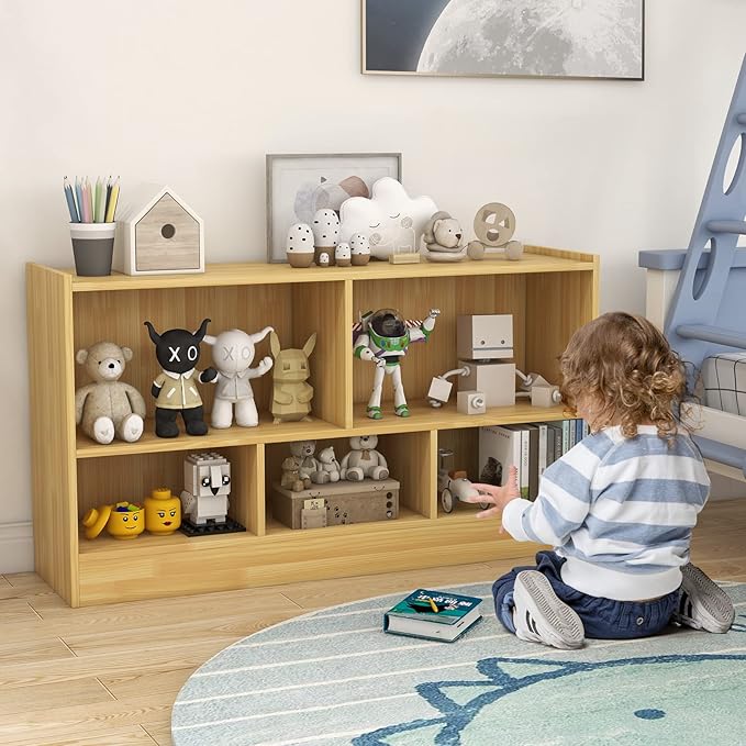 Toy Storage Organizer, 2-Tier Kids Bookshelf, 5 Cube Kids' Bookcases, Cabinets & Shelves, Wooden Toy Organizers, Small Book Shelf for Bedroom, Playroom, Classroom, Nursery (Burlywood)