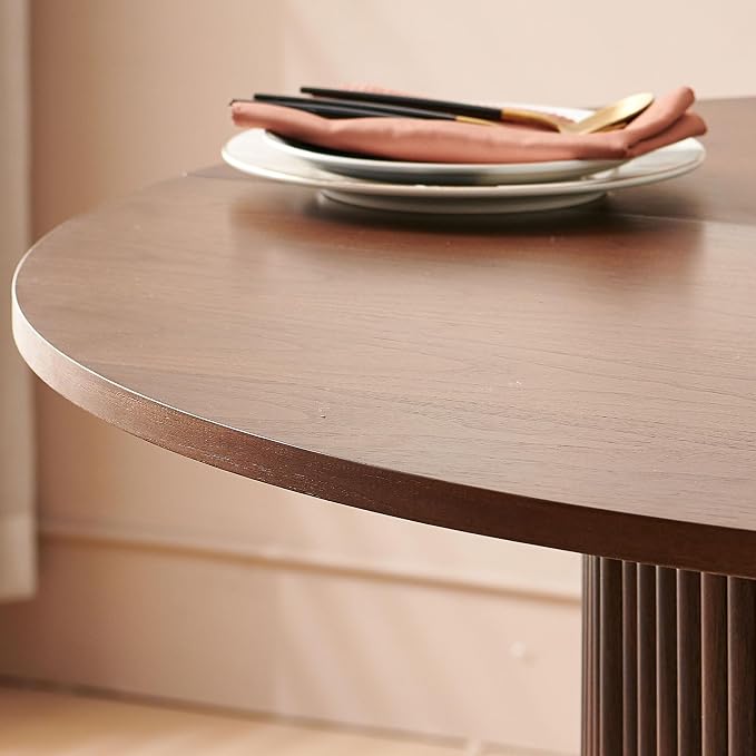 Homedot 47" Round Dining Room Table Walnut Wood Veneer Tabletop, Farmhouse Dinner Table with Two-Part Tabletop for 4-6, Rustic Circle Dining Table with MDF Strip Base for Kitchen Living Room